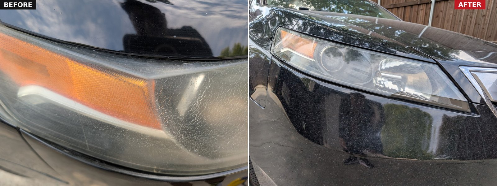 Oxidized headlight before and clear headlight after restoration